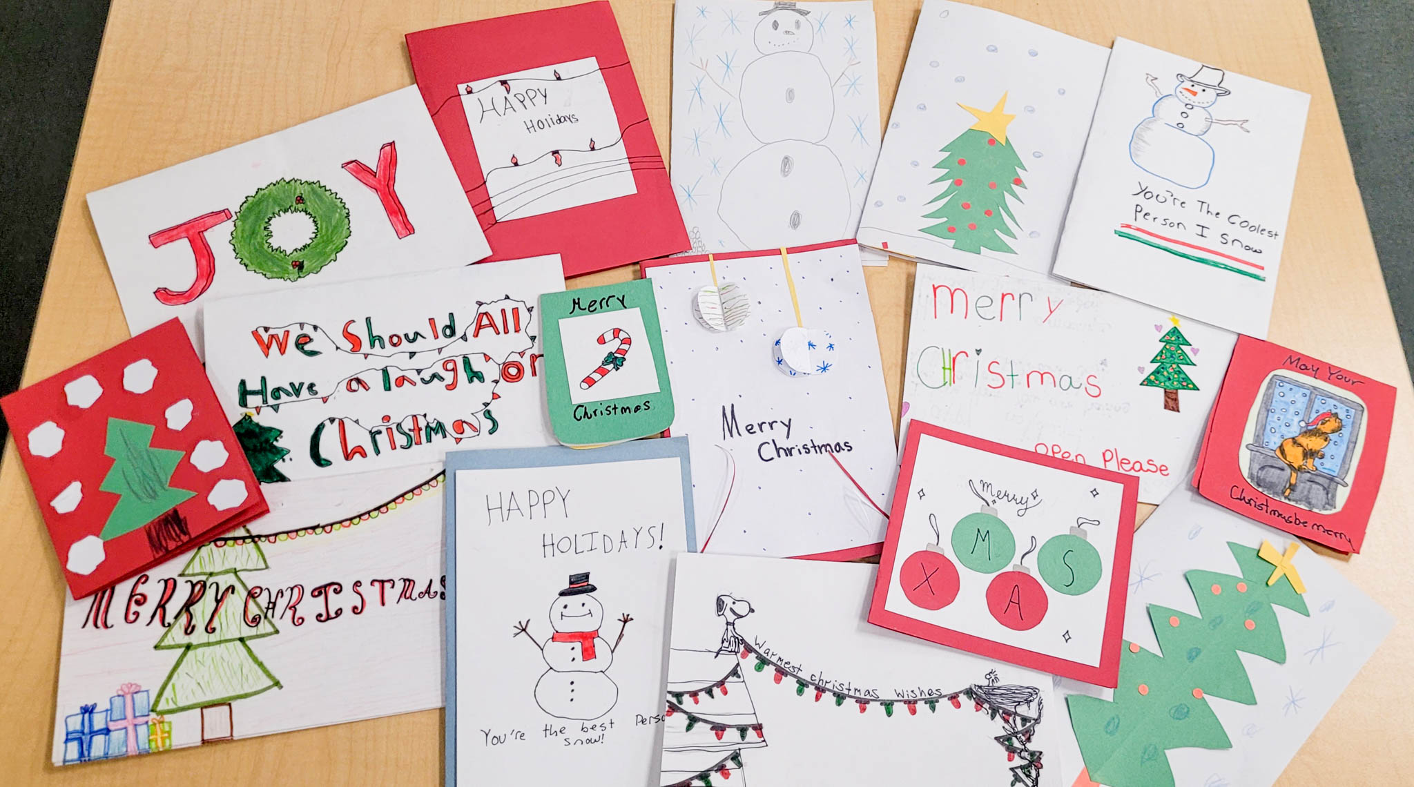 Holiday cards made by Yennadon Elementary students for seniors in the community.