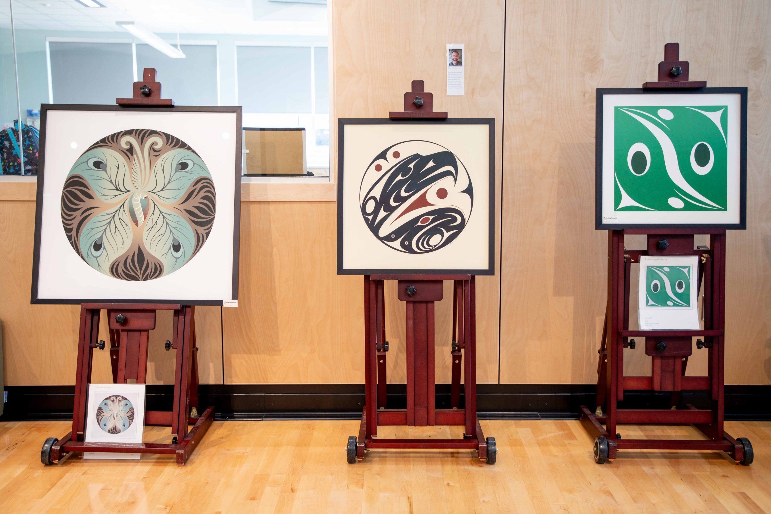 Salish Weave art pieces on display at the Albion Community Centre.