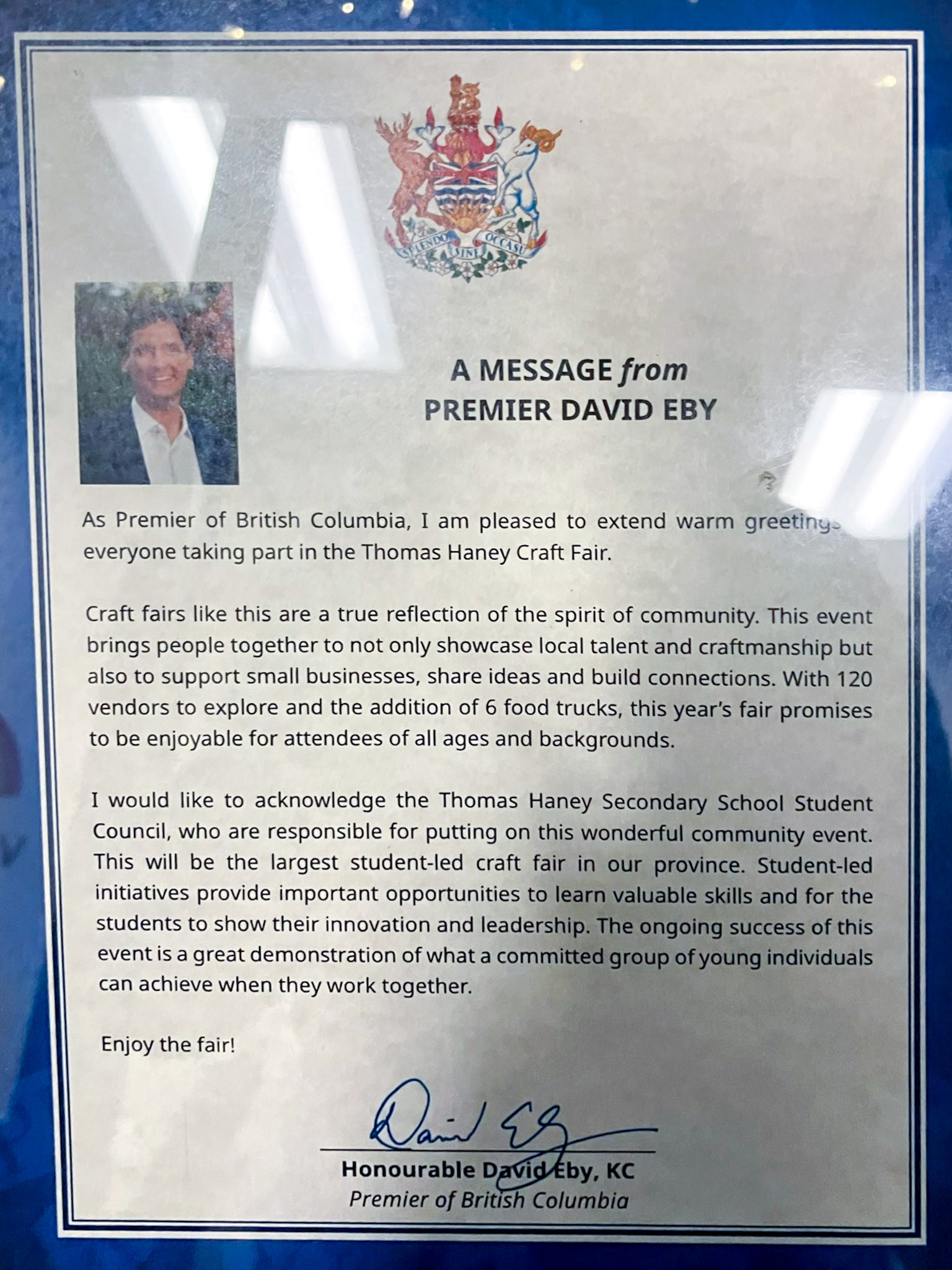 Premier David Eby's letter to the students congratulating them on their success. 