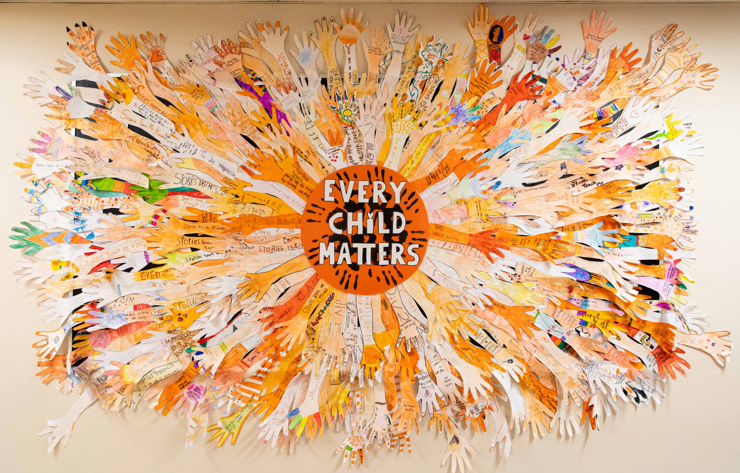 A display of orange hands with "Every Child Matters" written in the centre at Davie Jones Elementary.