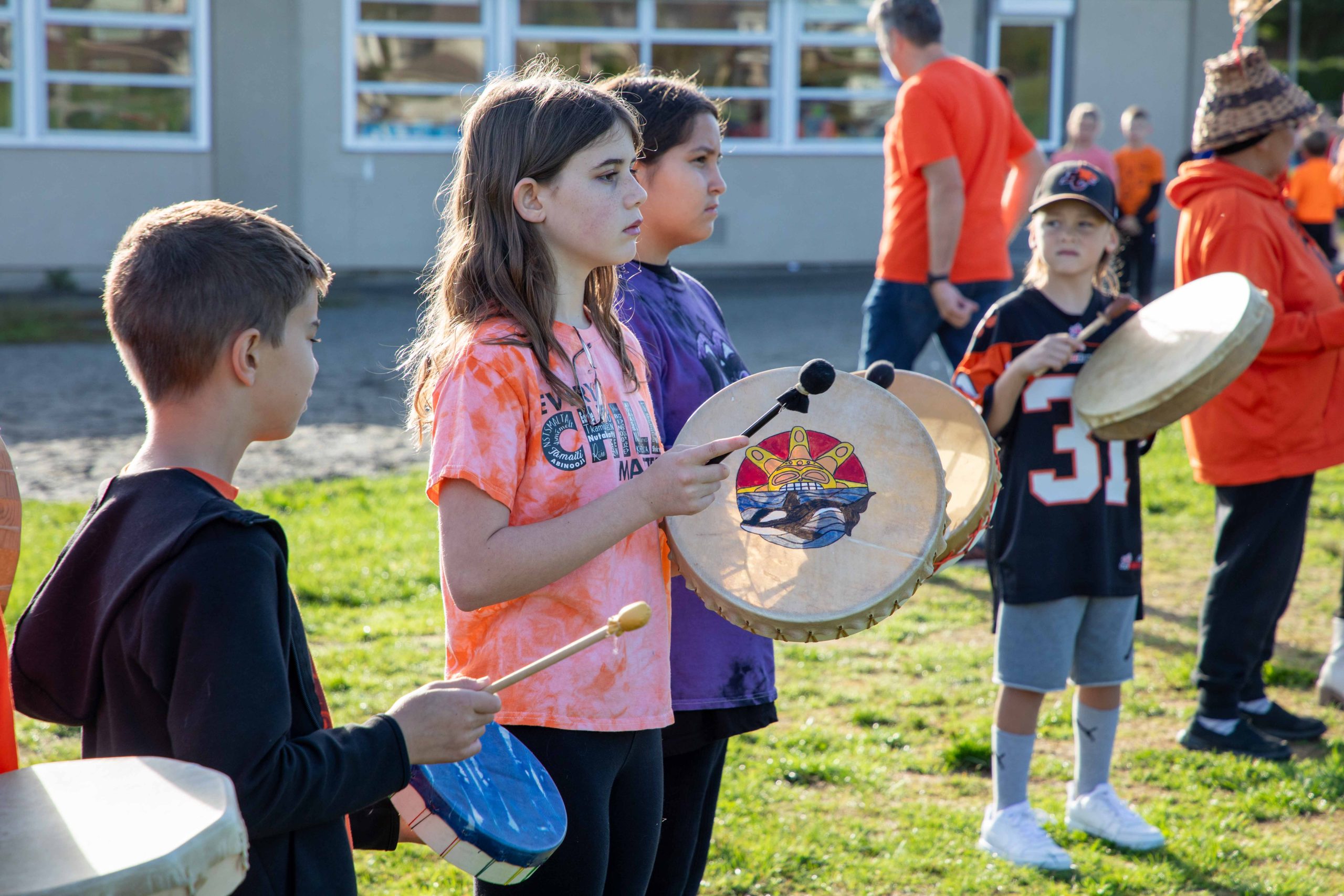 Alouette Elementary students take part in a drumming circle for the National Day for Truth and Reconciliation.